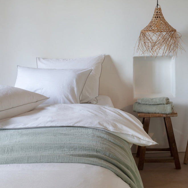 Washed Percale Wit- Groene bies